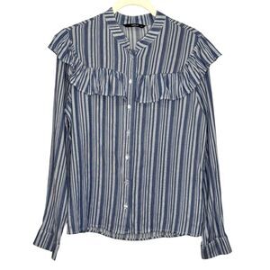 ONLY Shirt Womens Medium EU 38 Blue White Stripe Ally Frill Long Sleeve Ruffle